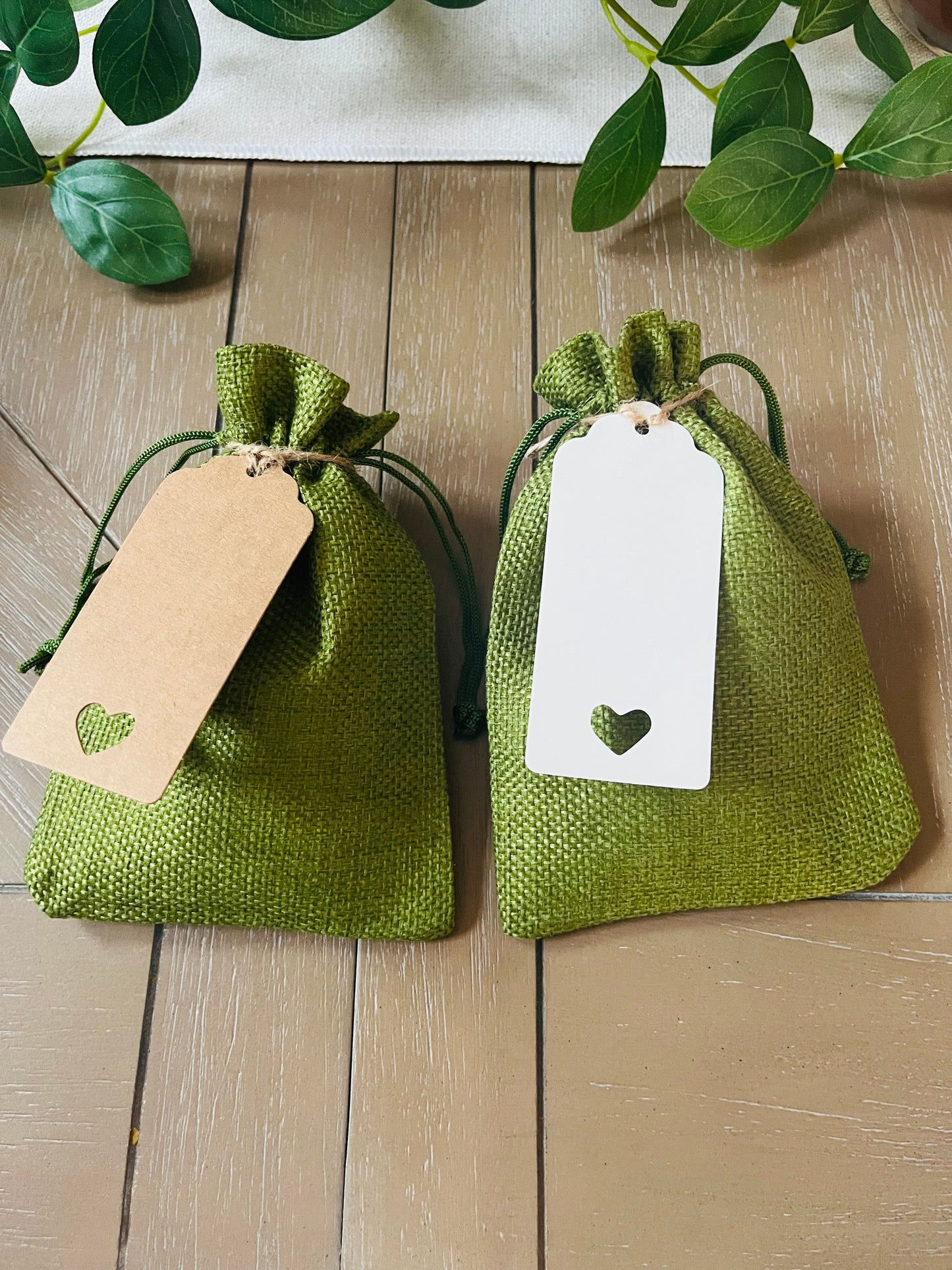 Green Burlap Gift Bag & Tag for Button Magnets